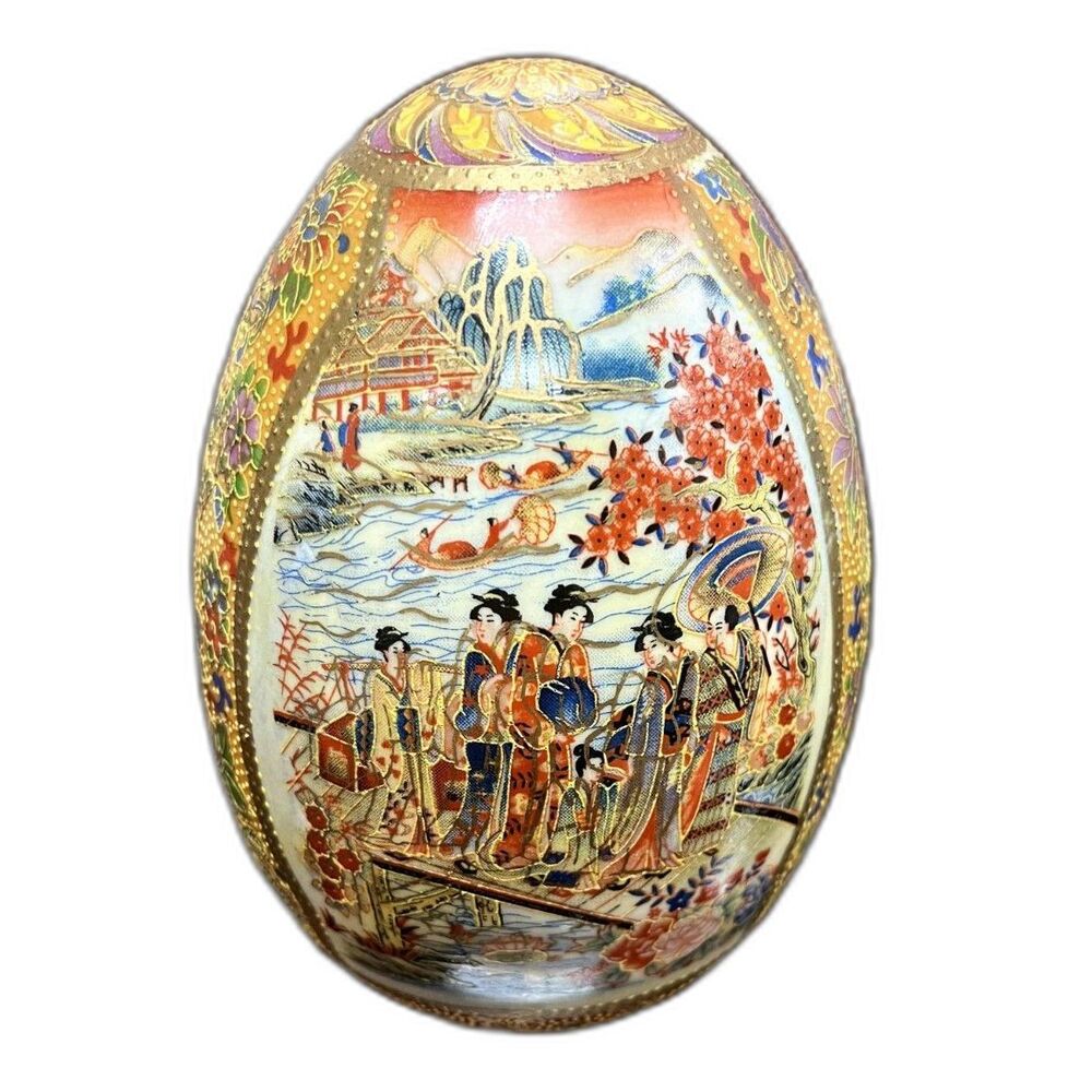 Vintage Ceramic Large Satsuma Hand Painted  Egg Floral Geisha Girls